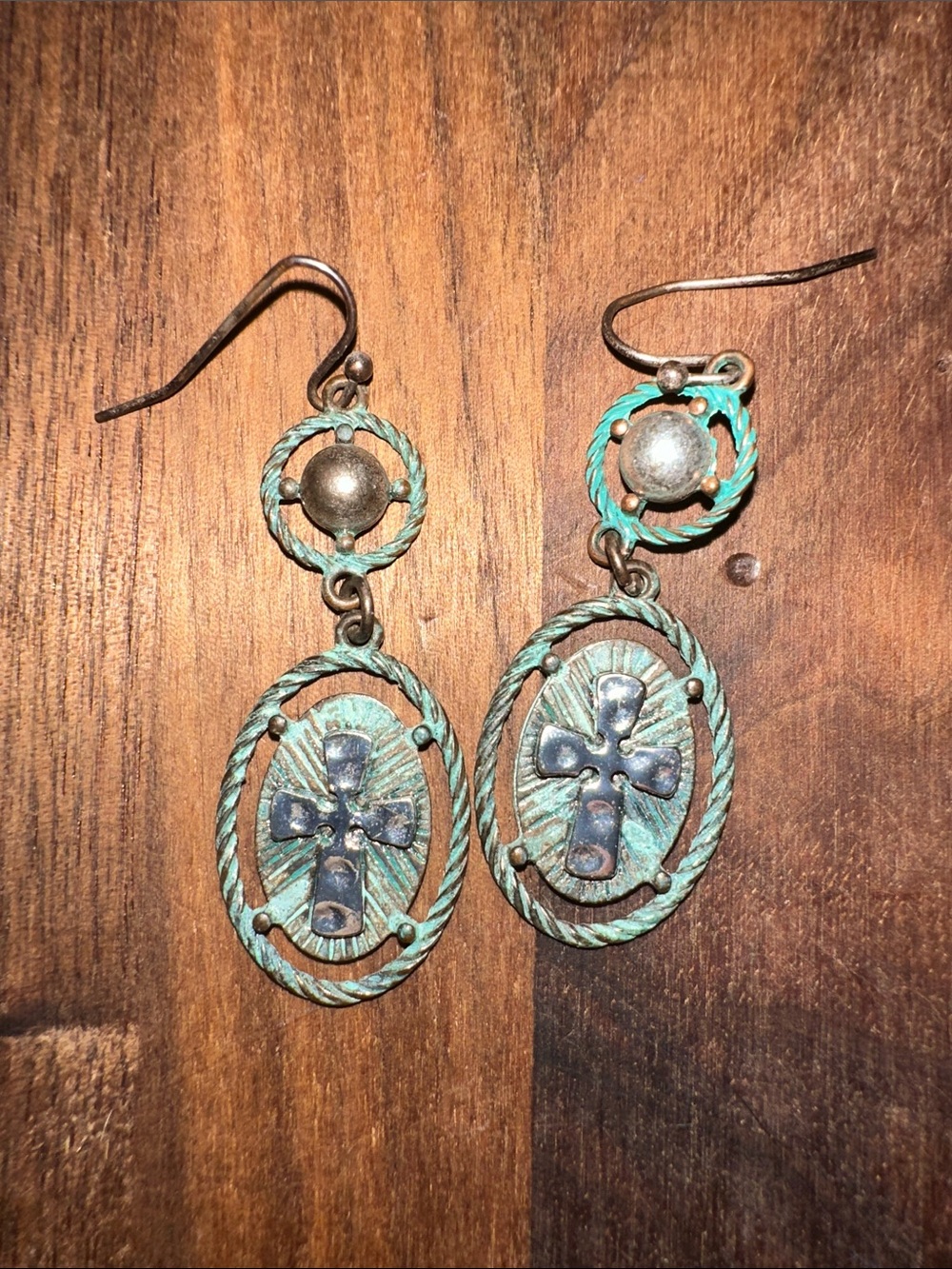Vintage-Inspired Turquoise Patina Cross Drop Earrings - Picture 2 of 6